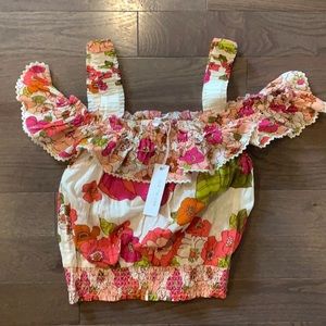 Anthropologie Floral Ruffle Top - Pink, Green, White